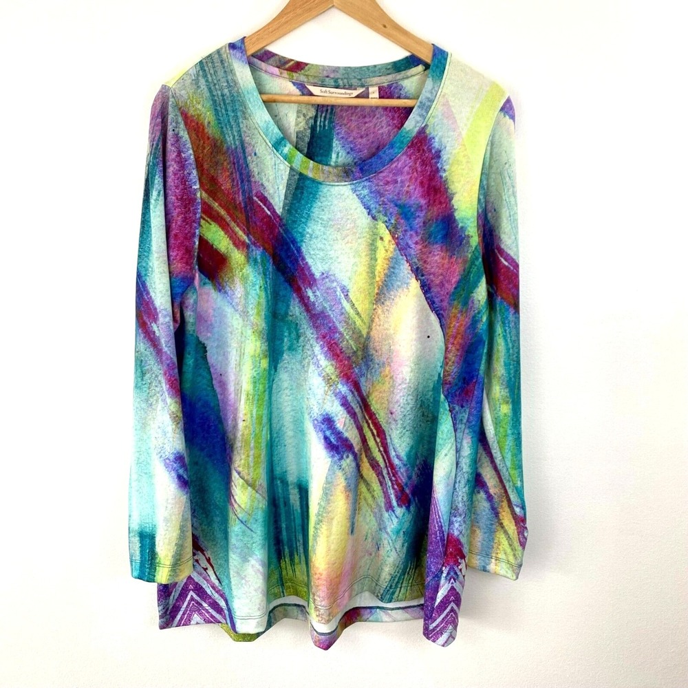 Soft Surroundings Tunic Top Large L Colorful Artsy Spring Purple Abstract Lunch - Picture 1 of 16